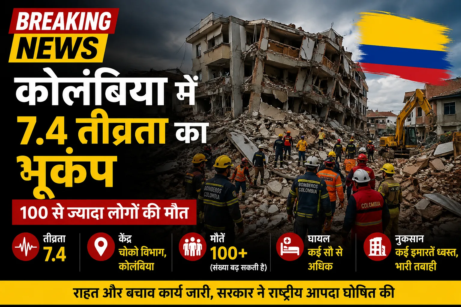 कोलंबिया में 7.4 तीव्रता का भूकंप, 100 से ज्यादा मौतें, भारी तबाही